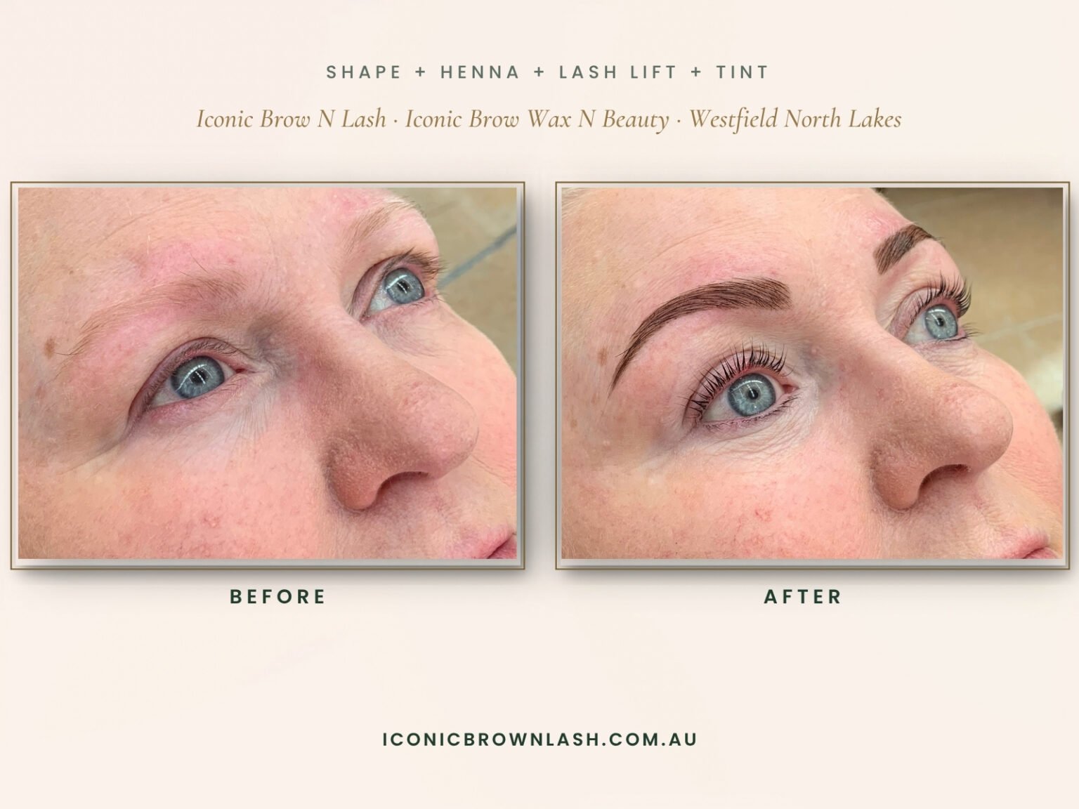 Before and after of brow shape, henna tint, lash lift and lash tint on a client at Iconic Brow N Lash, Westfield North Lakes